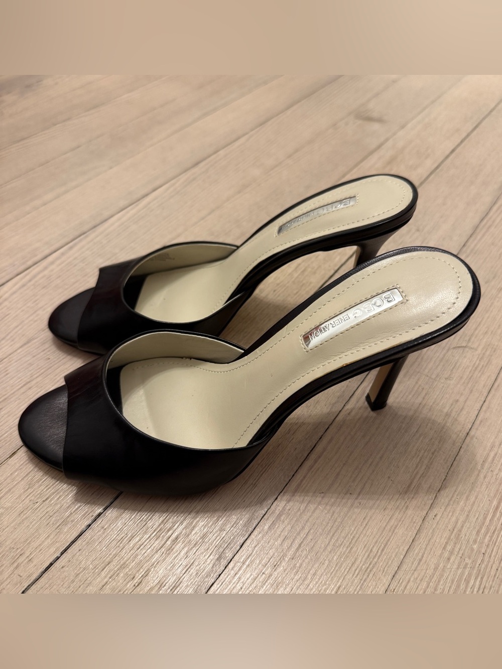 BCBGeneration Women’s BG-Disco Black Leather Peep Toe Mule Stiletto Heels 7.5